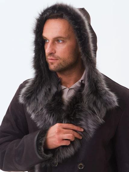 Двубортная мужская дубленка из тосканы с капюшоном премиум класса 415, коричневая, размер 52, артикул 71600-3