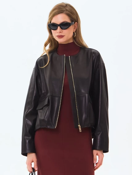 Кожаная куртка бомбер премиум класса для женщин 3094, черная, размер 46, артикул 24350-4
