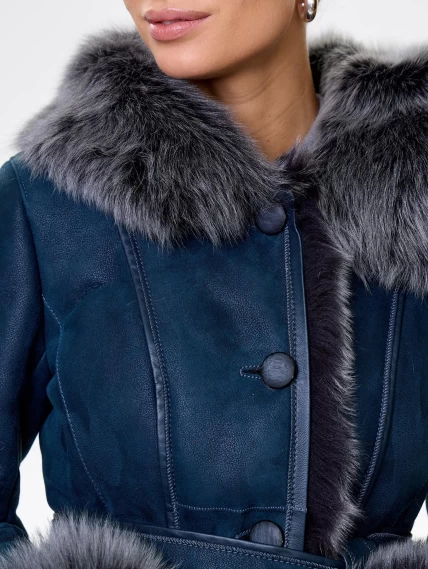 Длинная женская дубленка из тосканы с капюшоном 123нк, синяя, размер 40, артикул 61913-2