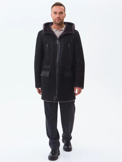 Длинная мужская дубленка с капюшоном премиум класса 429, черная, размер 52, артикул 71460-1