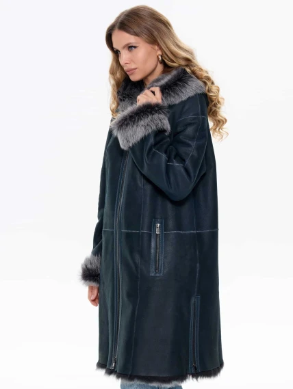 Женская дубленка с капюшоном из тосканы 2067, синяя, размер 46, артикул 64740-6