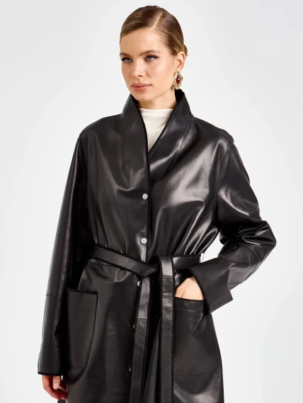 Длинный женский кожаный плащ премиум класса 3099, черный, размер 48, артикул 92120-1