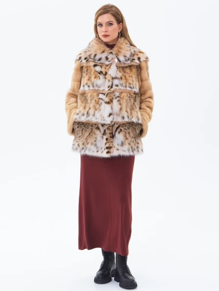 Женская шуба из рысевидной кошки с капюшоном премиум класса Мариана(к), бежевая, размер 46, артикул 34240-1