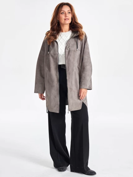 Женское замшевое полупальто оверсайз с капюшоном премиум класса 3059з, серое, размер 52, артикул 64050-0