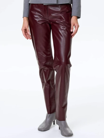 Бордовые зауженные кожаные женские брюки 02, размер 42, артикул 85492-1