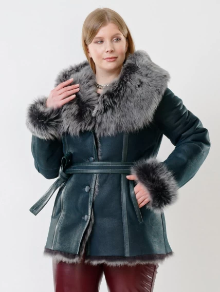 Короткая женская дубленка из тосканы с капюшоном 122, синяя, размер 40, артикул 62040-0