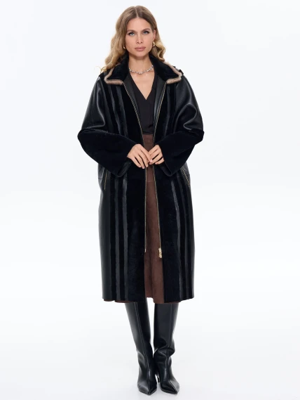 Женская дубленка на молнии с норковым воротником премиум класса 2040, черная, размер 46, артикул 63120-7