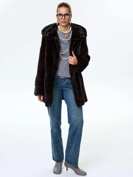 Короткая женская норковая шуба автоледи с капюшоном Елена(к), черная, размер 52, артикул 64540-6