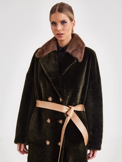 Двусторонняя двубортная женская шуба из астрагана с мехом норки премиум класса 2017, хаки, размер 48, артикул 62790-3
