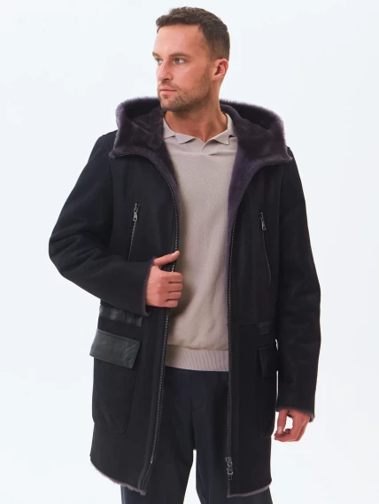 Длинная мужская дубленка с капюшоном премиум класса 429, черная, размер 52, артикул 71460-7