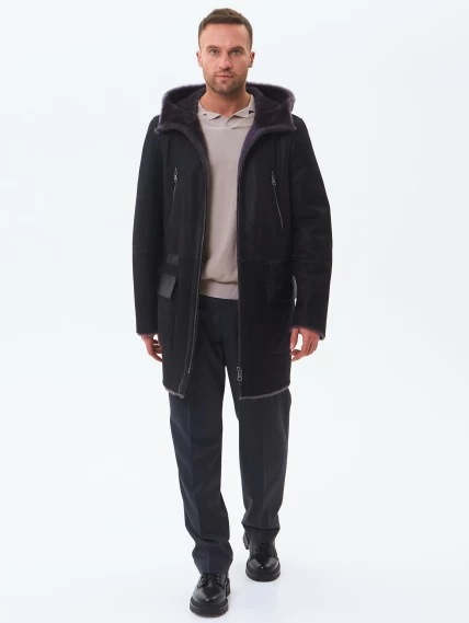 Длинная мужская дубленка с капюшоном премиум класса 429, черная, размер 52, артикул 71460-6