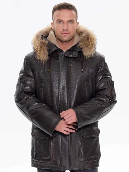 Утепленная мужская кожаная куртка аляска с мехом енота Алекс, коричневая, размер 52, артикул 40300-3