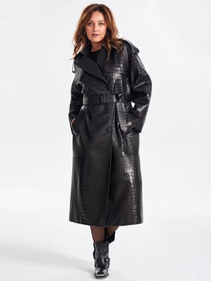 Кожаное пальто с принтом под крокодила премиум класса для женщин 3071, черное, размер 54, артикул 63350-0