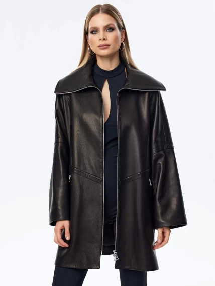 Кожаный плащ оверсайз на молнии для женщин премиум класса 3057, черный, размер 52, артикул 23520-4