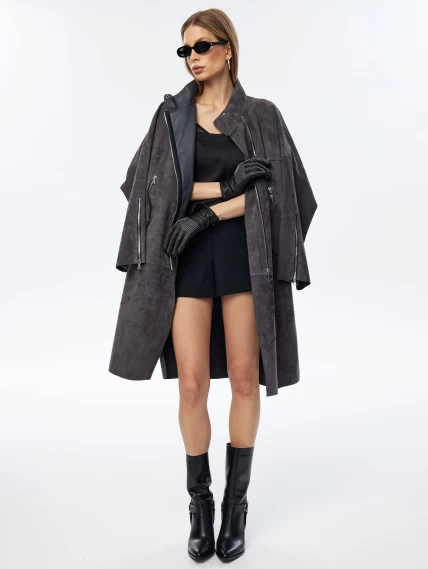 Длинный замшевый плащ оверсайз для женщин премиум класса 3041з, серый, размер 54, артикул 23690-0