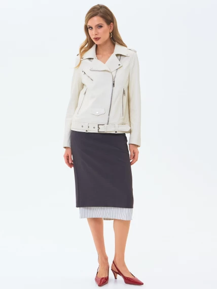Кожаная женская куртка косуха с поясом премиум класса 3078, белая, размер 42, артикул 24520-6