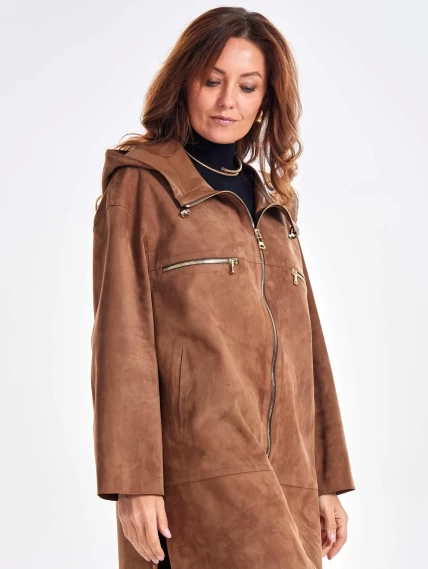 Замшевое женское пальто оверсайз с капюшоном на молнии премиум класса 3058з, светло-коричневое, размер 52, артикул 25700-0