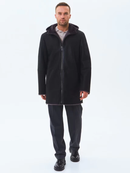 Длинная мужская дубленка из натуральной овчины премиум класса 438, черная, размер 52, артикул 41190-1