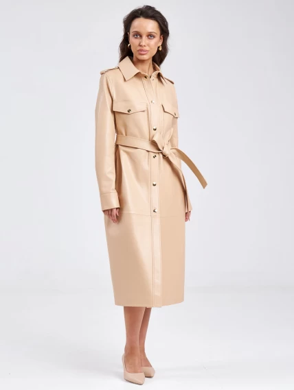 Кожаное женское платье рубашка из натуральной кожи премиум класса 03, бежевая, размер 44, артикул 23180-4