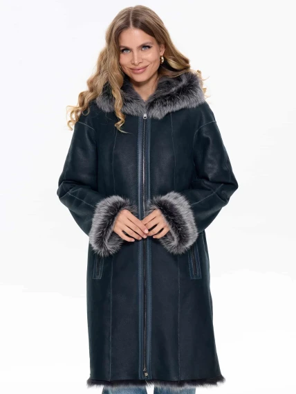 Женская дубленка с капюшоном из тосканы 2067, синяя, размер 46, артикул 64740-0