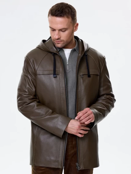 Мужская кожаная куртка с капюшоном премиум класса 552, хаки, размер 52, артикул 41130-1