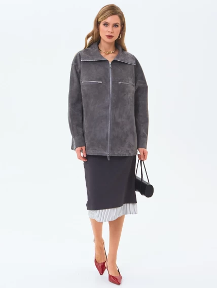 Удлиненная женская замшевая куртка премиум класса 3084з, серая, размер 46, артикул 24680-1