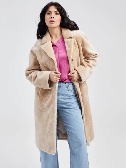 Классическая длинная женская дубленка из астрагана премиум класса 55мех, бежевая, размер 54, артикул 13460-2