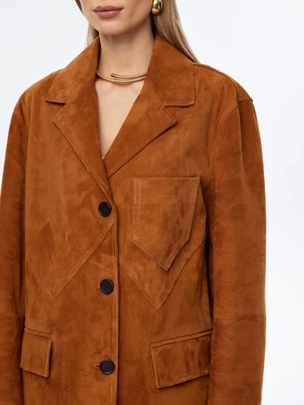 Стильный удлиненный замшевый женский пиджак премиум класса 3069з, виски, размер 44, артикул 23840-3