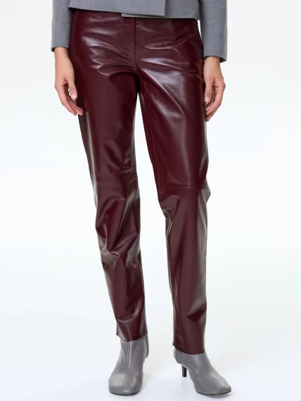 Кожаные зауженные женские брюки 02, бордовые, размер 42, артикул 85490-1