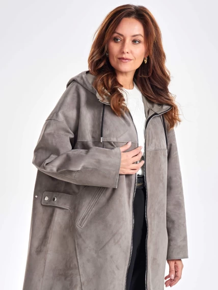 Женское замшевое полупальто оверсайз с капюшоном премиум класса 3059з, серое, размер 52, артикул 64050-6