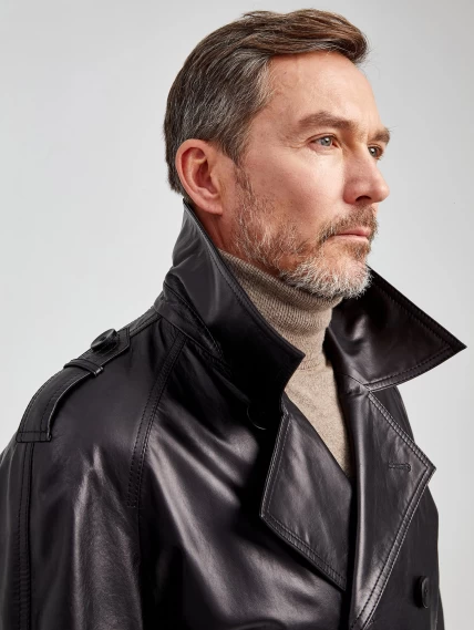 Мужской двубортный кожаный плащ премиум класса 553, черный, размер 52, артикул 40541-2