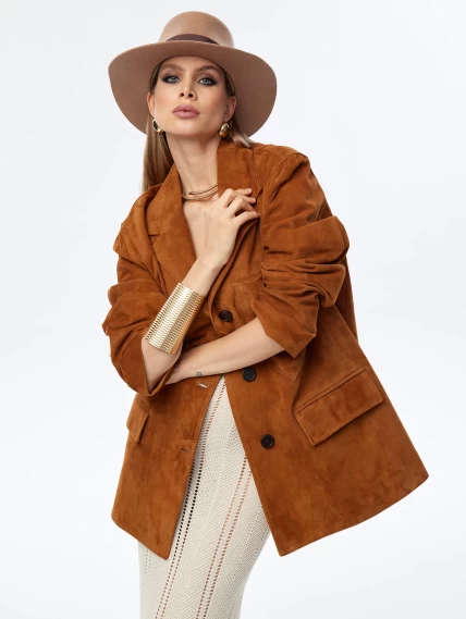 Стильный удлиненный замшевый женский пиджак премиум класса 3069з, виски, размер 44, артикул 23840-2