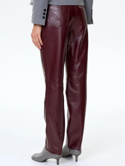 Кожаные зауженные женские брюки 02, бордовые, размер 42, артикул 85490-3