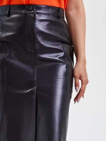 Кожаная юбка с разрезом 10, черная, размер 44, артикул 85580-2
