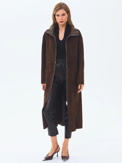 Длинный женский замшевый плащ премиум класса 3082з, коричневый, размер 48, артикул 24670-1