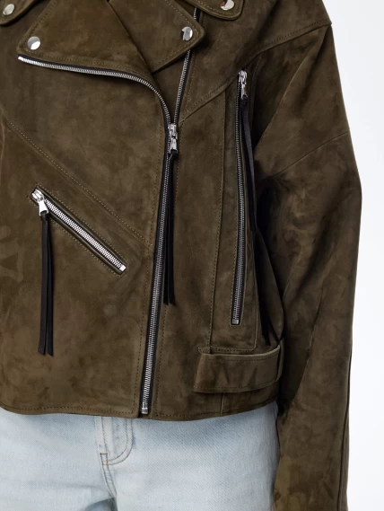 Короткая женская замшевая куртка косуха премиум класса 3051з, хаки, размер 44, артикул 23930-2