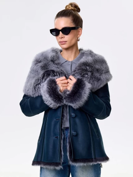 Короткая женская дубленка из тосканы с капюшоном 122, синяя, размер 40, артикул 14871-0