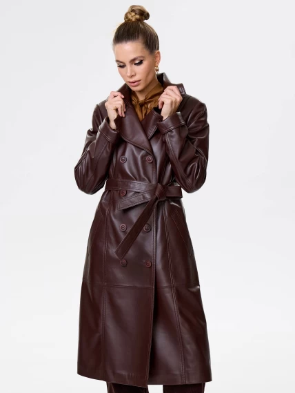 Кожаный двубортный женский плащ с поясом 3003, ореховый, размер 48, артикул 15650-3