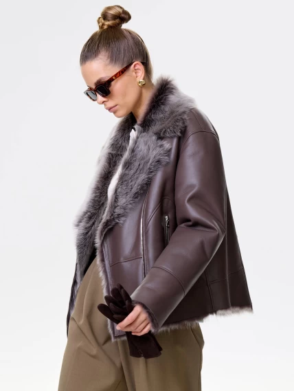 Короткая женская дубленка из тосканы премиум класса 2049, коричневая, размер 44, артикул 64200-3