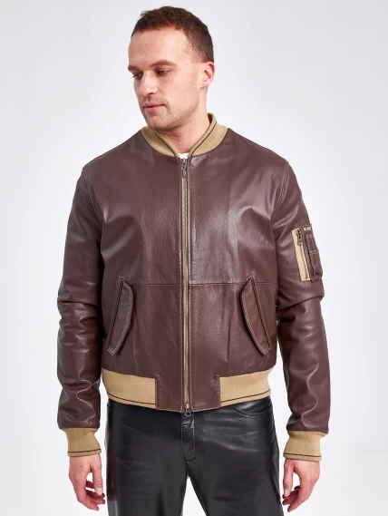 Кожаная куртка бомбер мужская 1119, коричневая, размер 48, артикул 29510-4