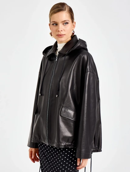 Черная женская кожаная куртка с капюшоном премиум класса 3102, размер 48, артикул 92210-6