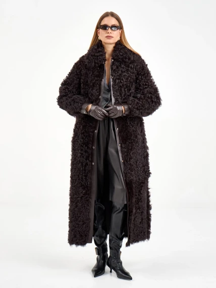 Длинная женская дубленка из тиградо 2082, коричневая, размер 44, артикул 65020-2