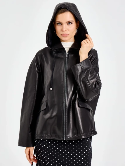 Черная женская кожаная куртка с капюшоном премиум класса 3102, размер 48, артикул 92210-0