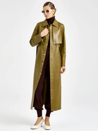 Зеленый женский длинный кожаный плащ премиум класса 3103-0