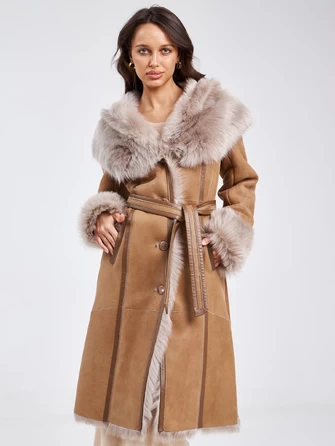 Женское пальто из натуральной овчины с капюшоном 132-0