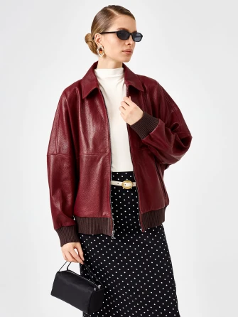 Женская бордовая кожаная куртка бомбер премиум класса 3106-0