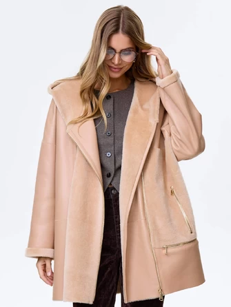 Молодежная комбинированная женская дубленка с капюшоном премиум класса 2056-1