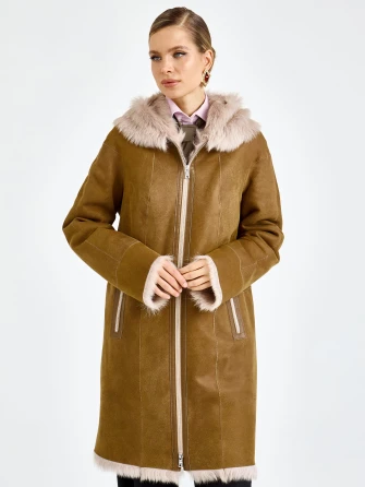 Бежевая женская дубленка с капюшоном из тосканы 2067-0