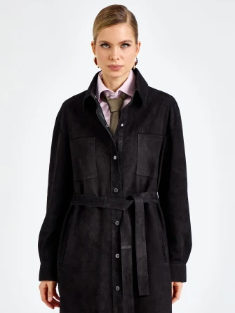 Черный женский замшевый плащ премиум класса 3112з-0