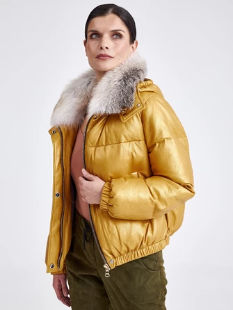 Женская кожаная куртка бомбер с меховым капюшоном премиум класса 3027-0